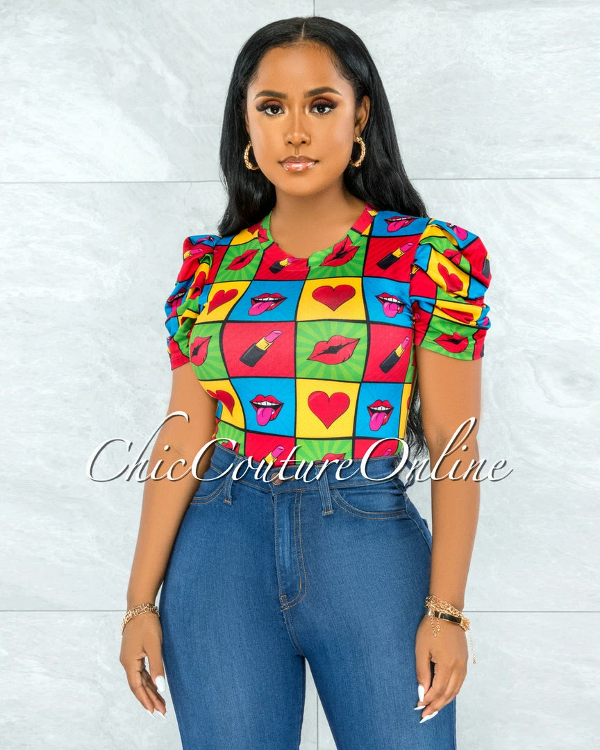 Vendor-unknown Merrick Black Multi-Color Lips Print Bodysuit JUST IN