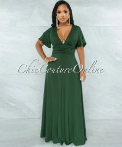 Vendor-unknown JUST IN Renee Basil Green Ruched Waistband Maxi Dress