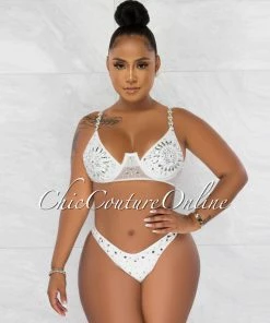 Chic Couture Online Symone Off-White Silver Rhinestones Three Piece Set Swimsuit