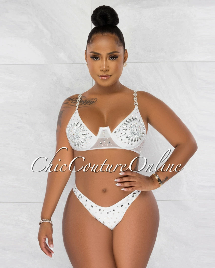 Chic Couture Online Symone Off-White Silver Rhinestones Three Piece Set Swimsuit