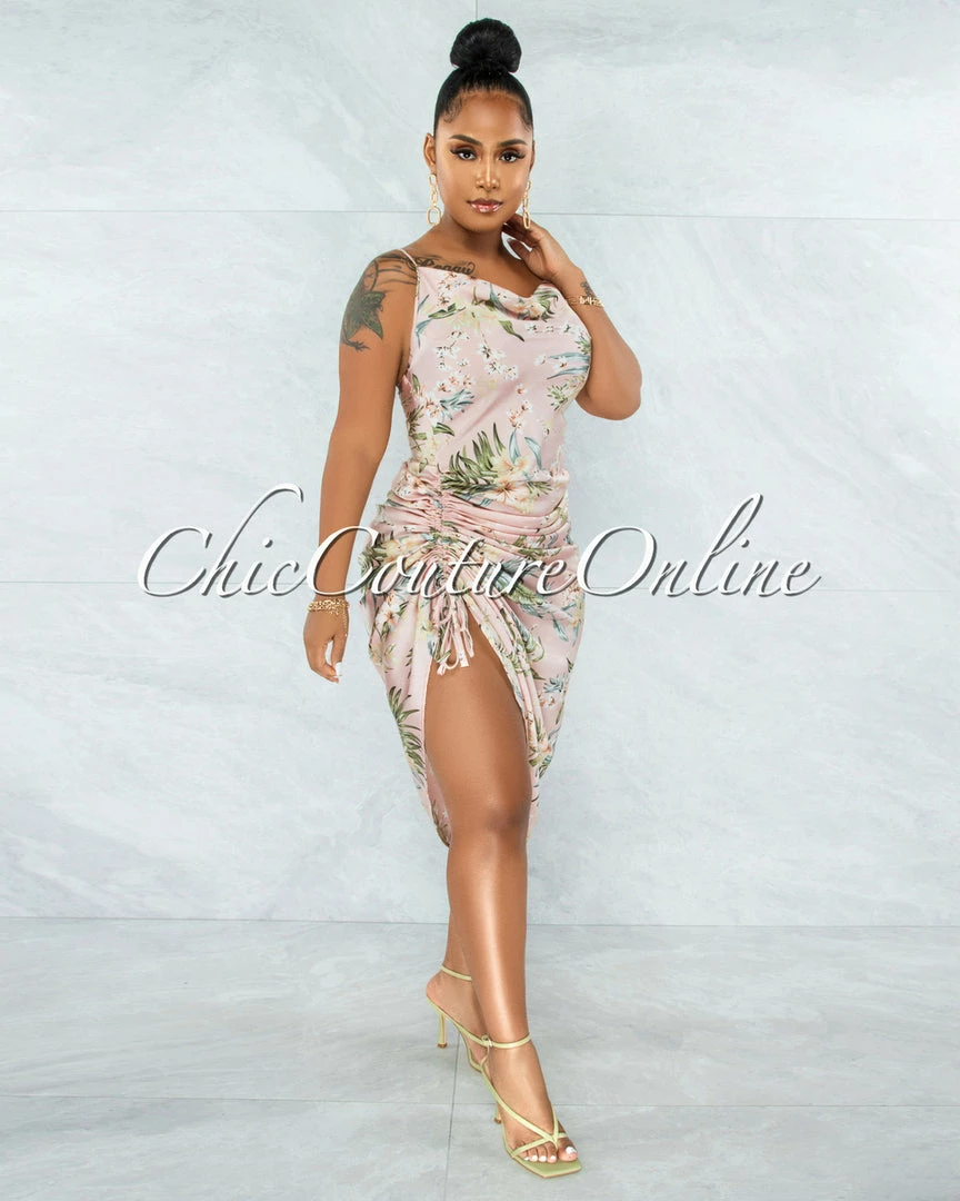 Chic Couture Online Farica Baby Pink Floral Print Ruched Side Multi-Way Dress