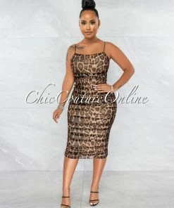 Vendor-unknown JUST IN Afia Leopard Print Ruched Midi Dress