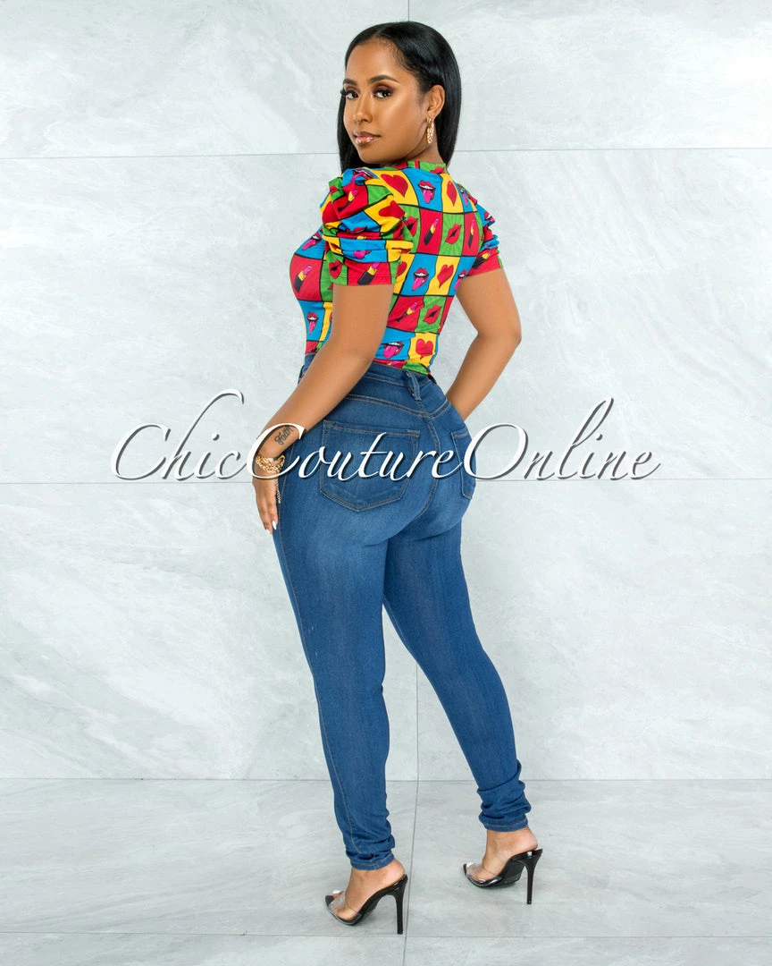 Vendor-unknown Merrick Black Multi-Color Lips Print Bodysuit JUST IN