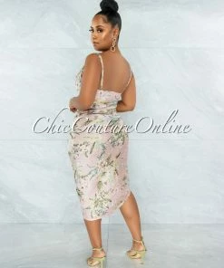 Chic Couture Online Farica Baby Pink Floral Print Ruched Side Multi-Way Dress