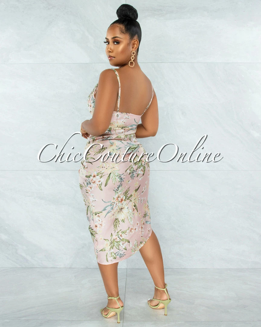 Chic Couture Online Farica Baby Pink Floral Print Ruched Side Multi-Way Dress