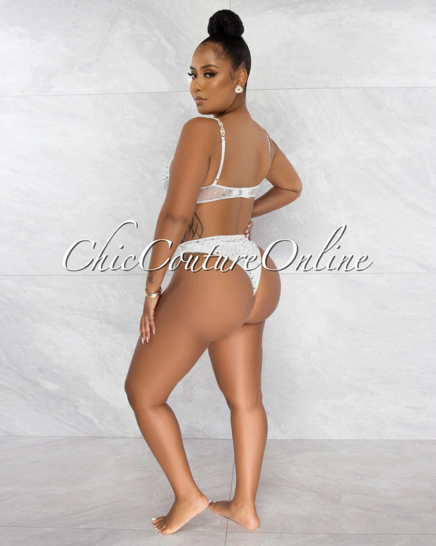 Chic Couture Online Symone Off-White Silver Rhinestones Three Piece Set Swimsuit