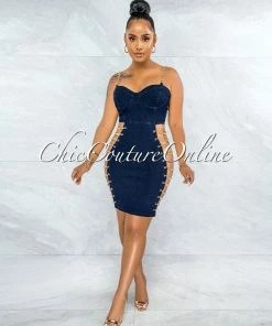 Vendor-unknown Idelle Dark Denim Gold Link Lace-Up Sides Dress