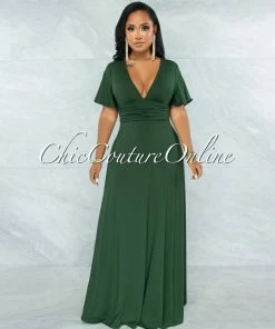 Vendor-unknown JUST IN Renee Basil Green Ruched Waistband Maxi Dress