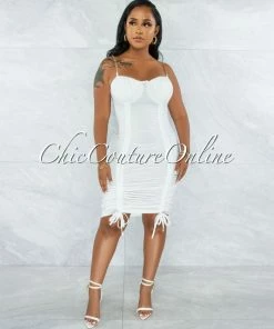 Vendor-unknown Iassen White Gold Link Straps Double Ruched Midi Dress