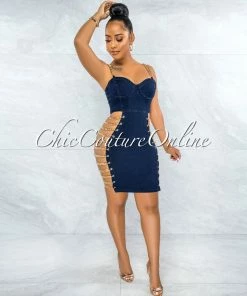 Vendor-unknown Idelle Dark Denim Gold Link Lace-Up Sides Dress