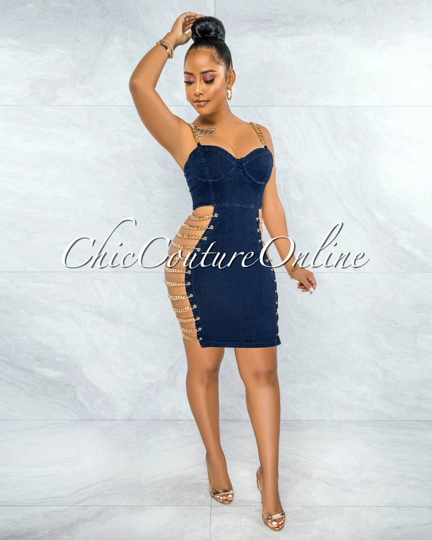 Vendor-unknown Idelle Dark Denim Gold Link Lace-Up Sides Dress