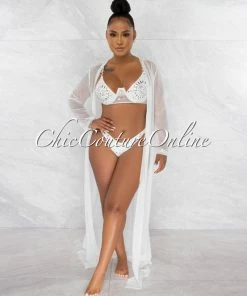 Chic Couture Online Symone Off-White Silver Rhinestones Three Piece Set Swimsuit