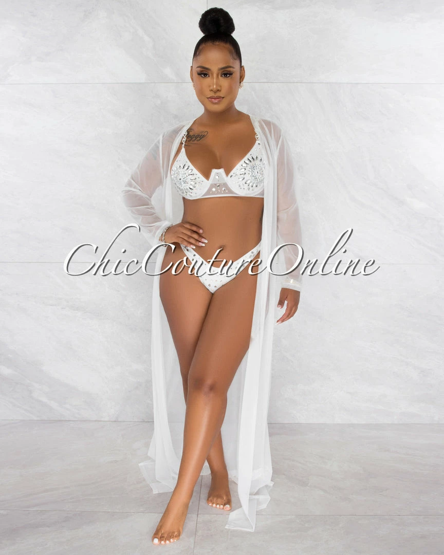 Chic Couture Online Symone Off-White Silver Rhinestones Three Piece Set Swimsuit