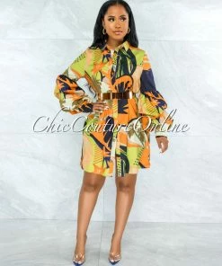 Chic Couture Online Yannis Navy Blue Orange Print Bubble Sleeves Shirt Dress