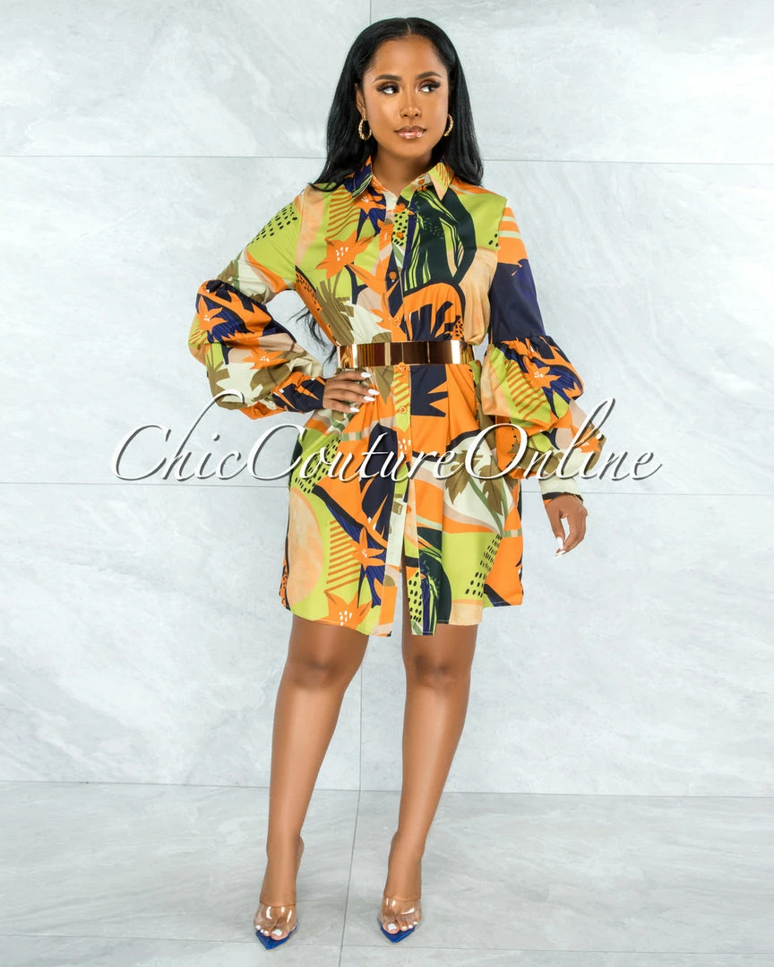 Chic Couture Online Yannis Navy Blue Orange Print Bubble Sleeves Shirt Dress