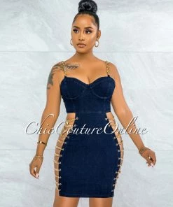 Vendor-unknown Idelle Dark Denim Gold Link Lace-Up Sides Dress