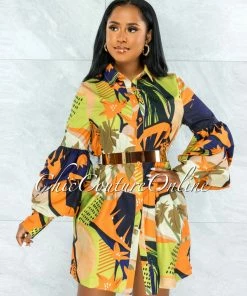 Chic Couture Online Yannis Navy Blue Orange Print Bubble Sleeves Shirt Dress