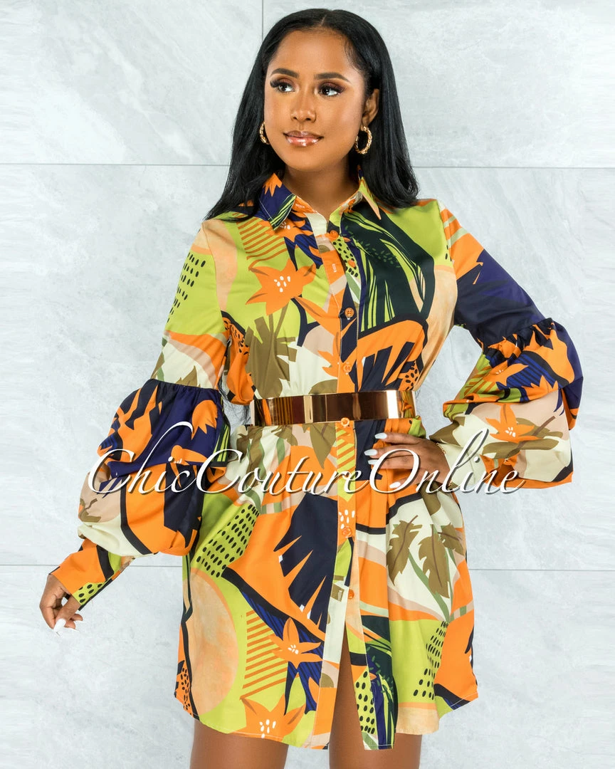 Chic Couture Online Yannis Navy Blue Orange Print Bubble Sleeves Shirt Dress