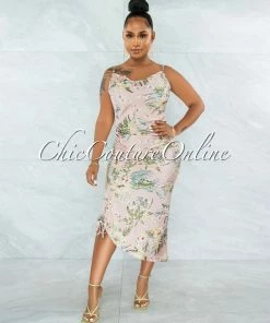 Chic Couture Online Farica Baby Pink Floral Print Ruched Side Multi-Way Dress