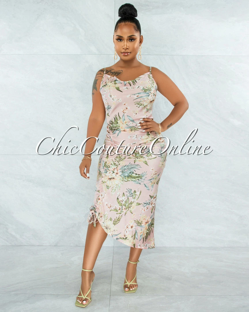 Chic Couture Online Farica Baby Pink Floral Print Ruched Side Multi-Way Dress
