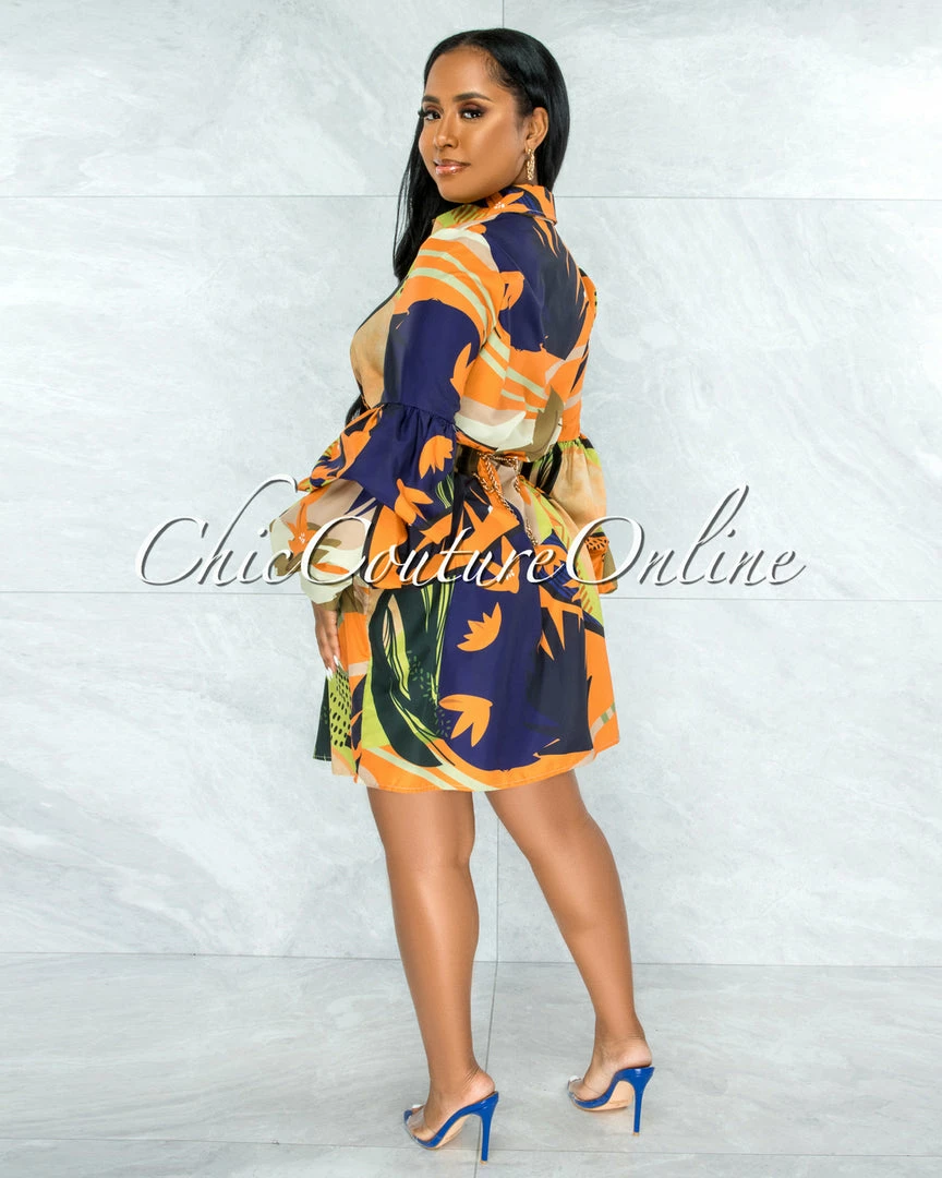 Chic Couture Online Yannis Navy Blue Orange Print Bubble Sleeves Shirt Dress