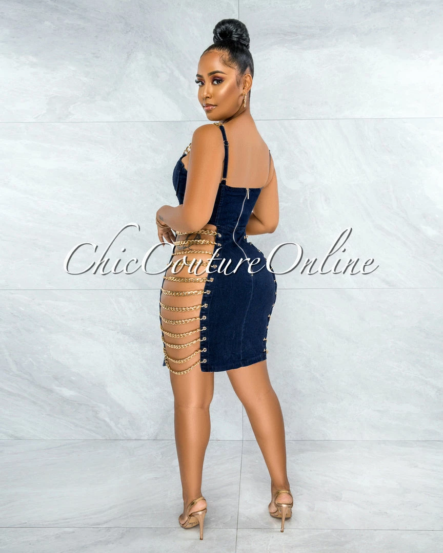 Vendor-unknown Idelle Dark Denim Gold Link Lace-Up Sides Dress