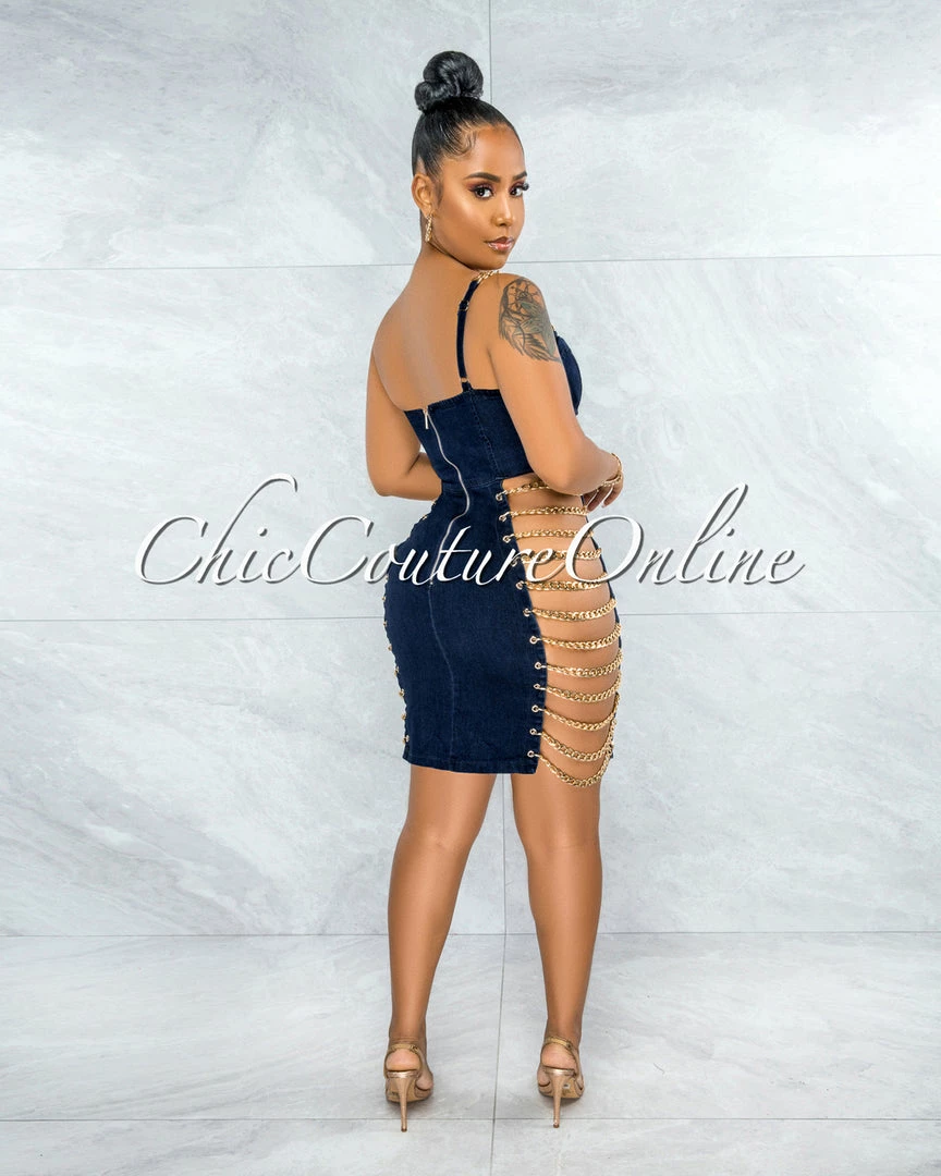 Vendor-unknown Idelle Dark Denim Gold Link Lace-Up Sides Dress