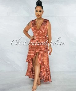 Vendor-unknown JUST IN Delecia Rust White Polka Dots Wrap Ruffle Dress