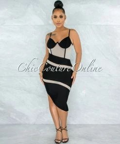 Vendor-unknown Elfrida Black Nude Mesh Accent Asymmetrical Hem Bandage Dress