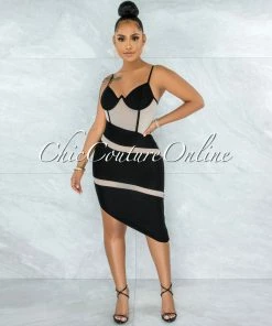 Vendor-unknown Elfrida Black Nude Mesh Accent Asymmetrical Hem Bandage Dress