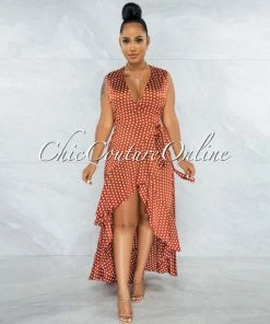 Vendor-unknown JUST IN Delecia Rust White Polka Dots Wrap Ruffle Dress