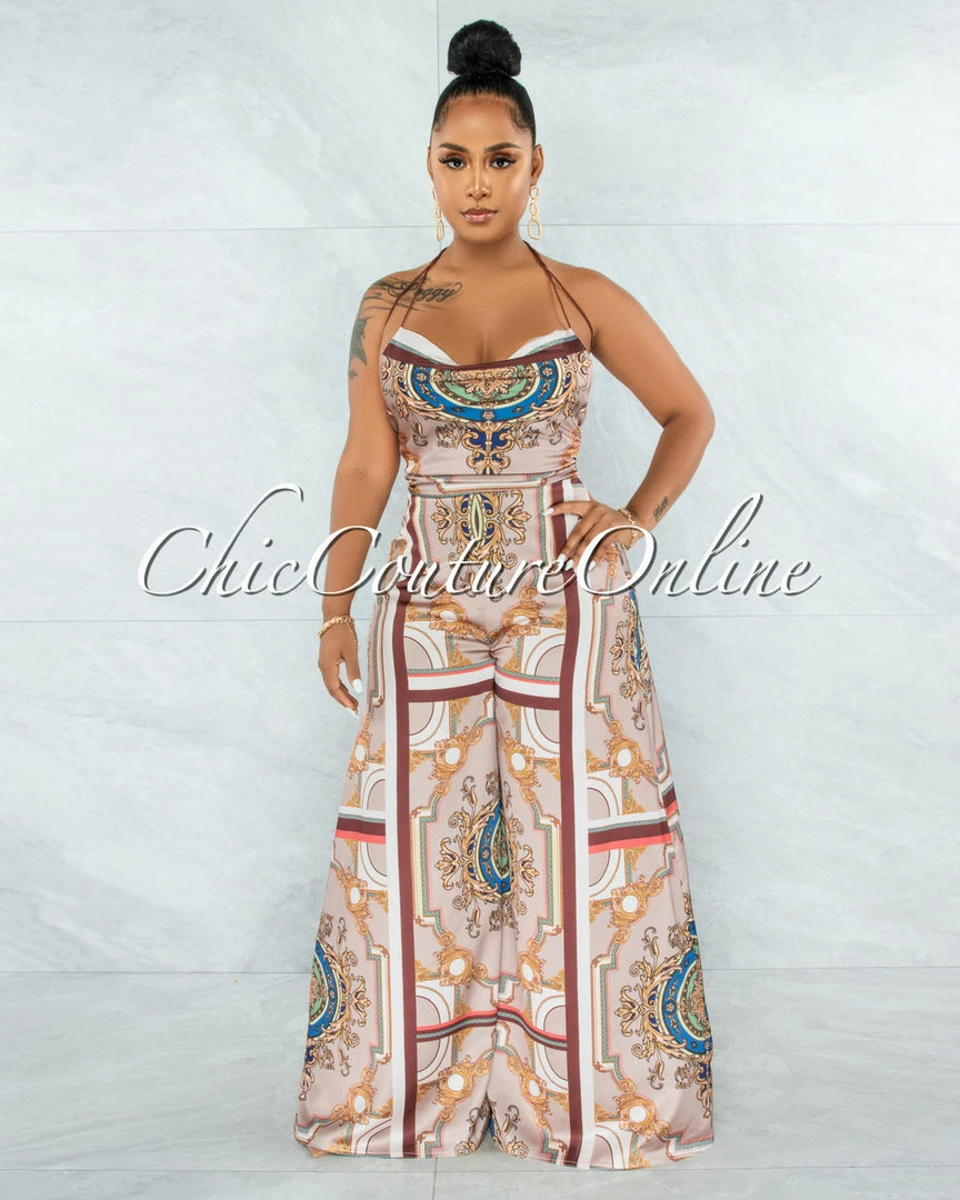 Vendor-unknown JUST IN Montana Nude Brown Print Lace-Up Top & Pants Satin Set