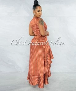 Vendor-unknown JUST IN Delecia Rust White Polka Dots Wrap Ruffle Dress