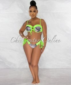 Chic Couture Online Walker Neon Green Snake Print Two Piece Bikini Set