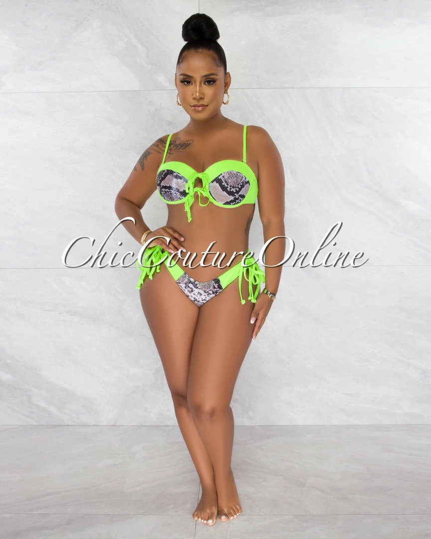 Chic Couture Online Walker Neon Green Snake Print Two Piece Bikini Set