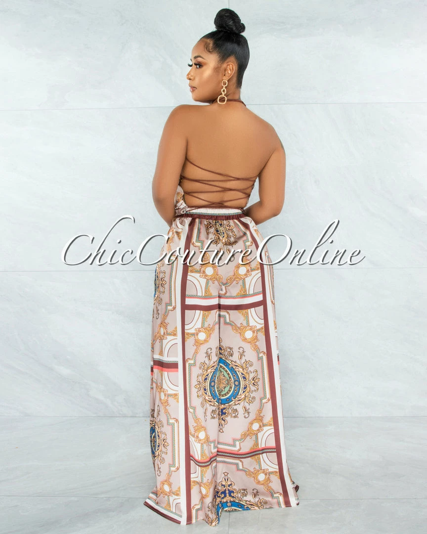 Vendor-unknown JUST IN Montana Nude Brown Print Lace-Up Top & Pants Satin Set