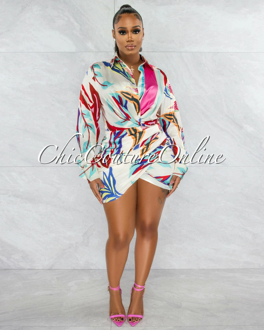 Vendor-unknown River Ivory Multi-Color Print Satin Ruched Dress