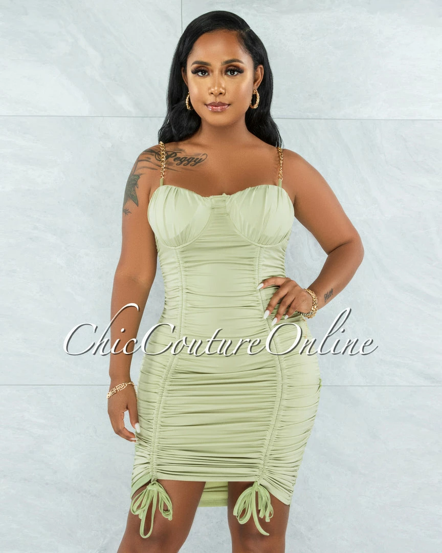 Vendor-unknown JUST IN Iassen Sage Gold Link Straps Double Ruched Midi Dress