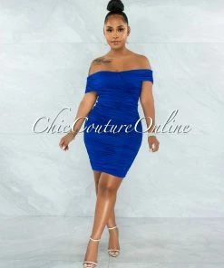 Vendor-unknown Taraneh Royal Blue Draped Crossed Neckline Midi Dress
