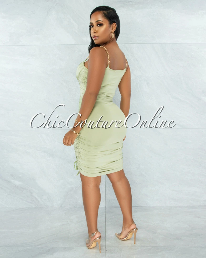 Vendor-unknown JUST IN Iassen Sage Gold Link Straps Double Ruched Midi Dress