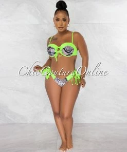 Chic Couture Online Walker Neon Green Snake Print Two Piece Bikini Set