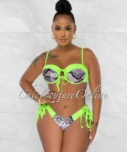 Chic Couture Online Walker Neon Green Snake Print Two Piece Bikini Set