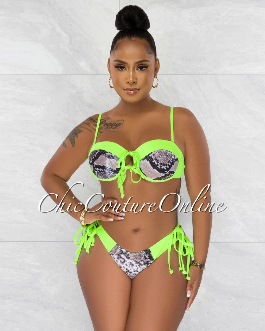 Chic Couture Online Walker Neon Green Snake Print Two Piece Bikini Set