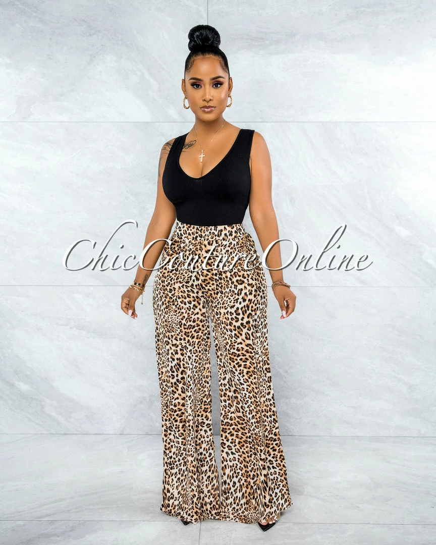 Vendor-unknown Nabila Brown Leopard Print Satin Wide Pants