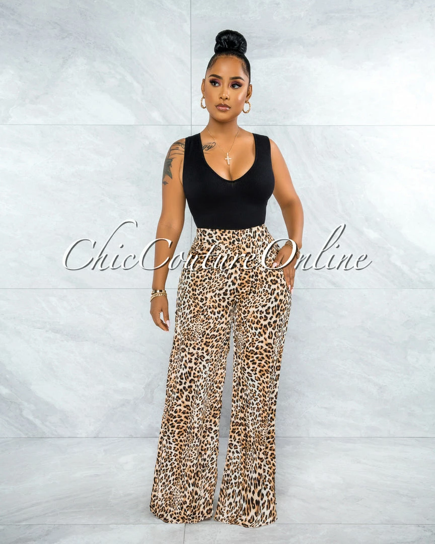 Vendor-unknown Nabila Brown Leopard Print Satin Wide Pants