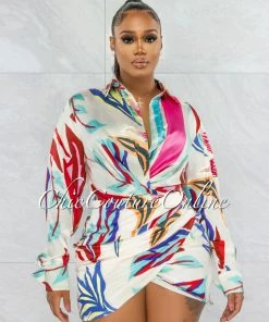 Vendor-unknown River Ivory Multi-Color Print Satin Ruched Dress