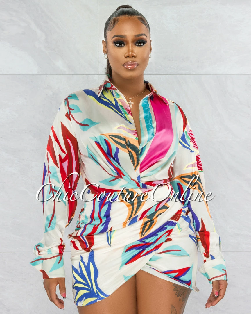 Vendor-unknown River Ivory Multi-Color Print Satin Ruched Dress