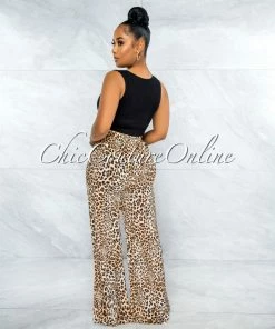 Vendor-unknown Nabila Brown Leopard Print Satin Wide Pants