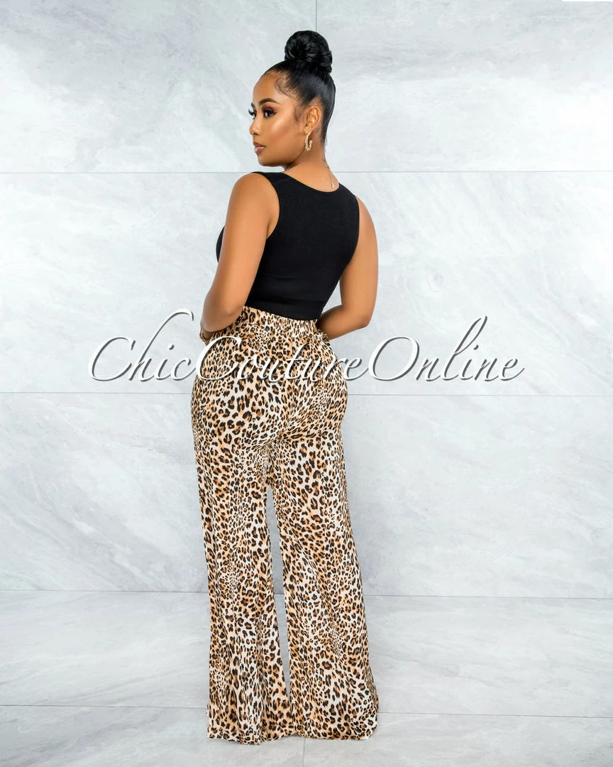 Vendor-unknown Nabila Brown Leopard Print Satin Wide Pants