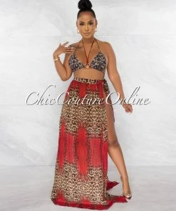Chic Couture Online JUST IN Salwa Red Leopard Print 3 Piece Bikini & Pareo Set